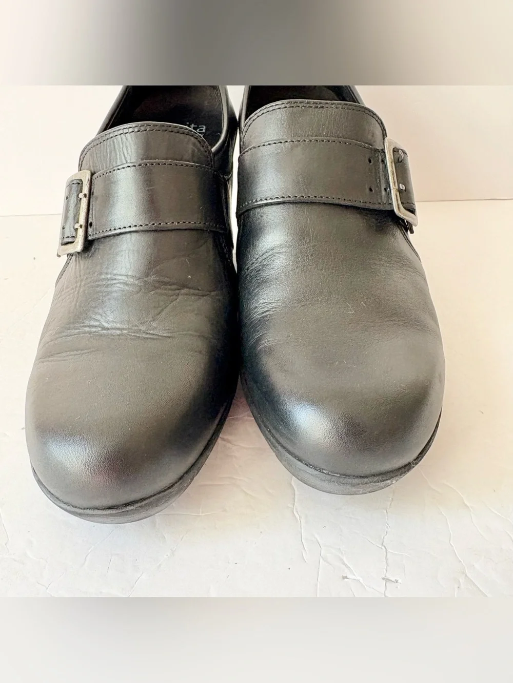 Sanita Maralyn Black Leather Wedge Pump Heels Buckle Slip On Shoes